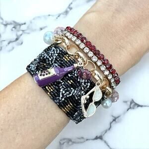 Vacation Charm Bracelet Stack Leopard Print Gold Shopping Wine Travel Coffee